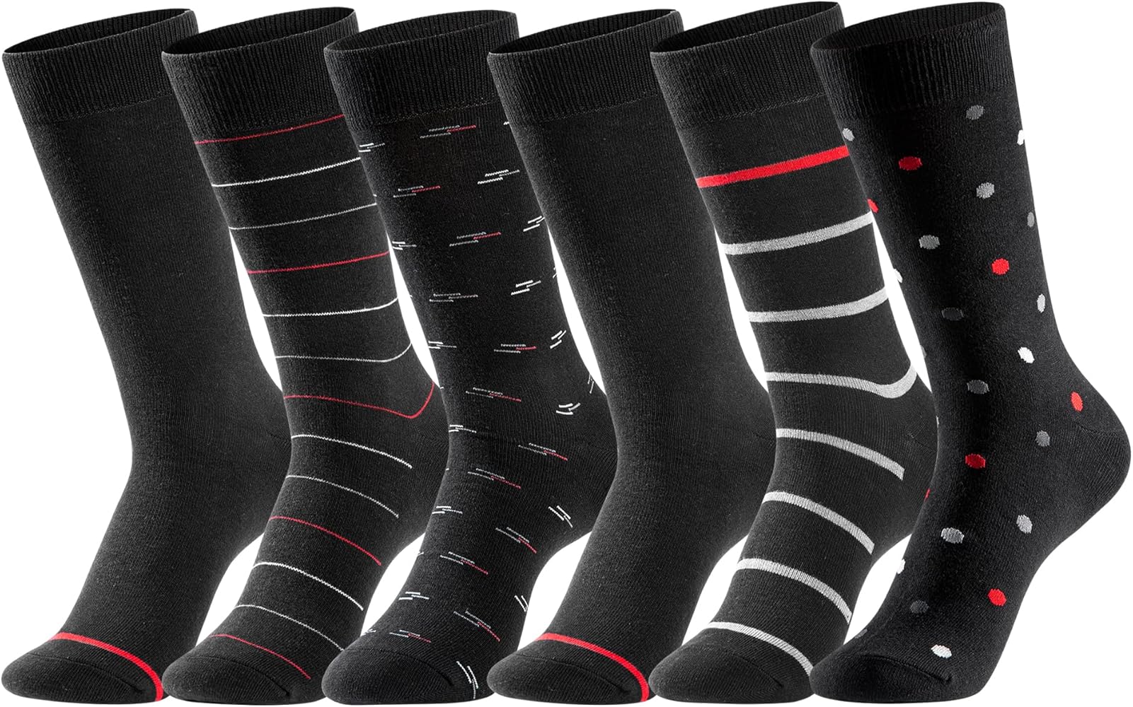 GLENMEARL Mens Dress Socks 6 Pack, Classic Patterned Black Combed Cotton Casual Mid Calf Socks for Men, Size 10-13