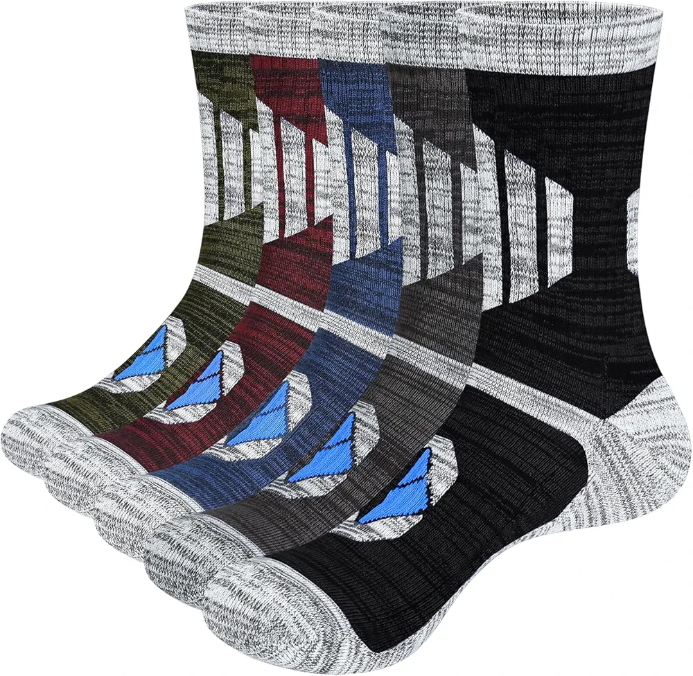 Mens Work Socks Moisture Wicking Cotton Athletic Cushioned Crew Socks Mid Calf Boot Socks for Men, 5 Pairs