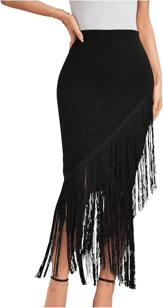 OYOANGLE Women's Fringe Trim Asymmetrical Hem High Waisted Party Pencil Long Maxi Skirts