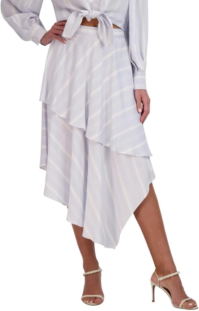 BCBGMAXAZRIA Women's Asymmetrical Midi Flare Tiered Ruffle Skirt