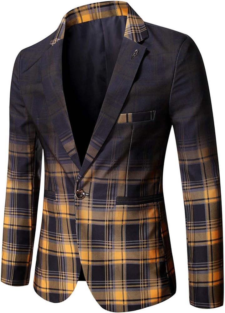 Mens Plaid Blazer Sports Coat Casual Slim Fit Checkered Blazer Fashion Notched Lapel One Button Suit Jacket for Men