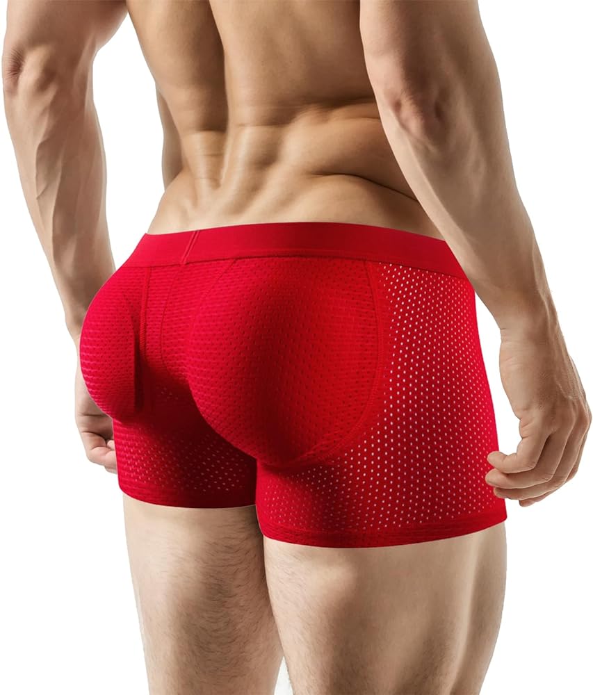 Mens Padded Underwear, Breathable Mesh Boxer Brief Body Shapewear Butt Lift Enhancer with Hip Removable Pad