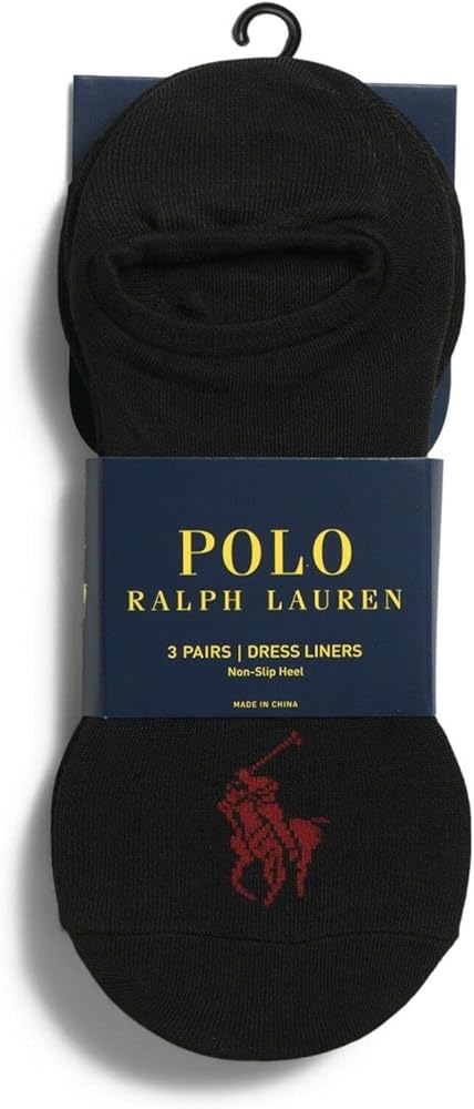 Polo Ralph Lauren Men's Socks Polyester/Spandex Blend 3 Pairs Dress Liners, Non-Slip Heel Black (6-12.5 M US)
