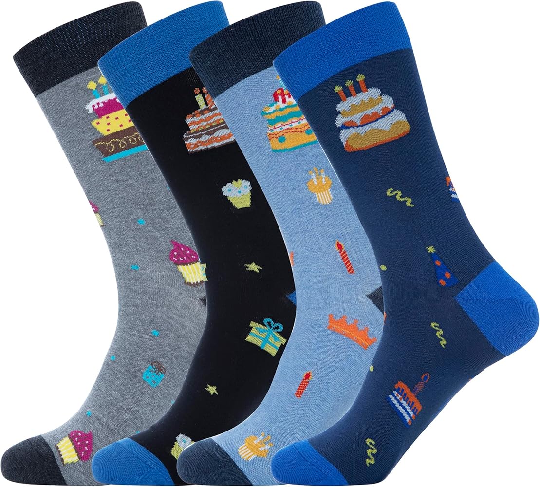 KONY Men's Fun Crew Socks for Birthday, 4 Pairs Cotton Funny Birthday Christmas Gift Socks Size 9-12