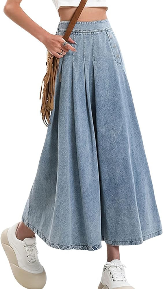 CHARTOU Women Pleated Denim Skirt Long Jean Skirt Flowy Elastic Waist Denim Maxi Ruffle Skirt Flare A Line Skirt