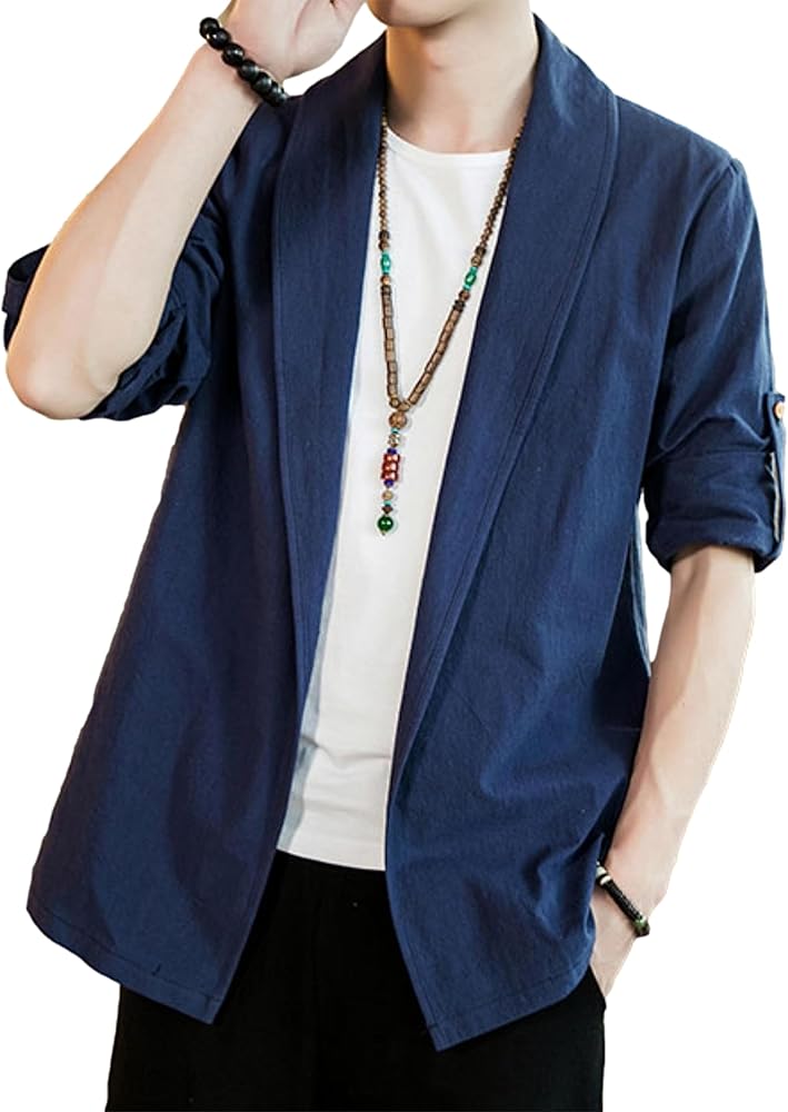 HangNiFang Mens Casual Blazer Sport Coat Cardigan Cotton Linen Open Front Outwear Jacket