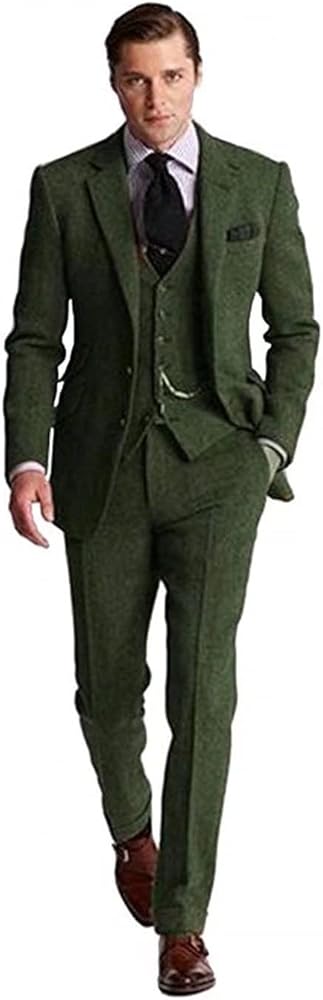Retro 3 Piece Brown Grey Tweed Herringbone Men's Suits Slim Fit Groom Tuxedos Prom Blazer Custom Jacket