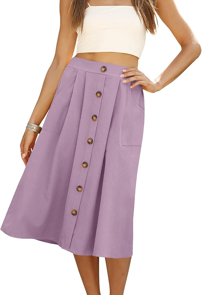 Naggoo Women's Polka Dot Midi Skirts Casual High Elastic Waist A Line Pleated Midi Chiffon Skirts with Pockets