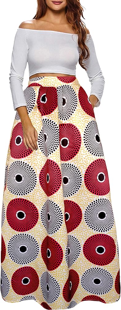 Sinono Women's African Printed Maxi Skirt Flared A Line Long Skirts