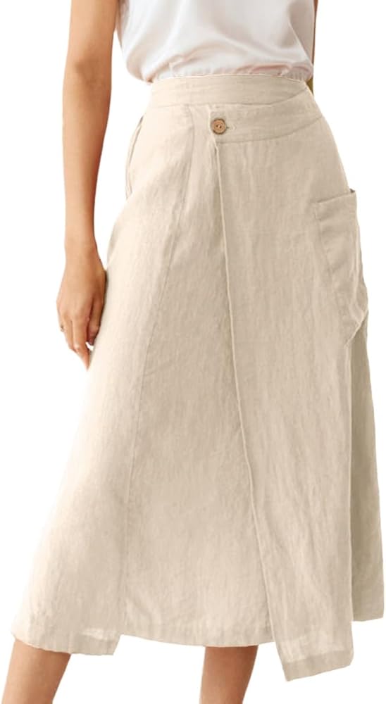IDEALSANXUN Linen Skirts for Women 2024 Summer Casual Cotton A Line Elastic High Waisted Midi Skirts with Pockets