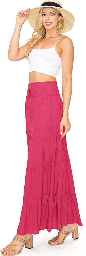 Love Tree Women's Juniors Smocked Waist Shirred Boho Maxi Skirt