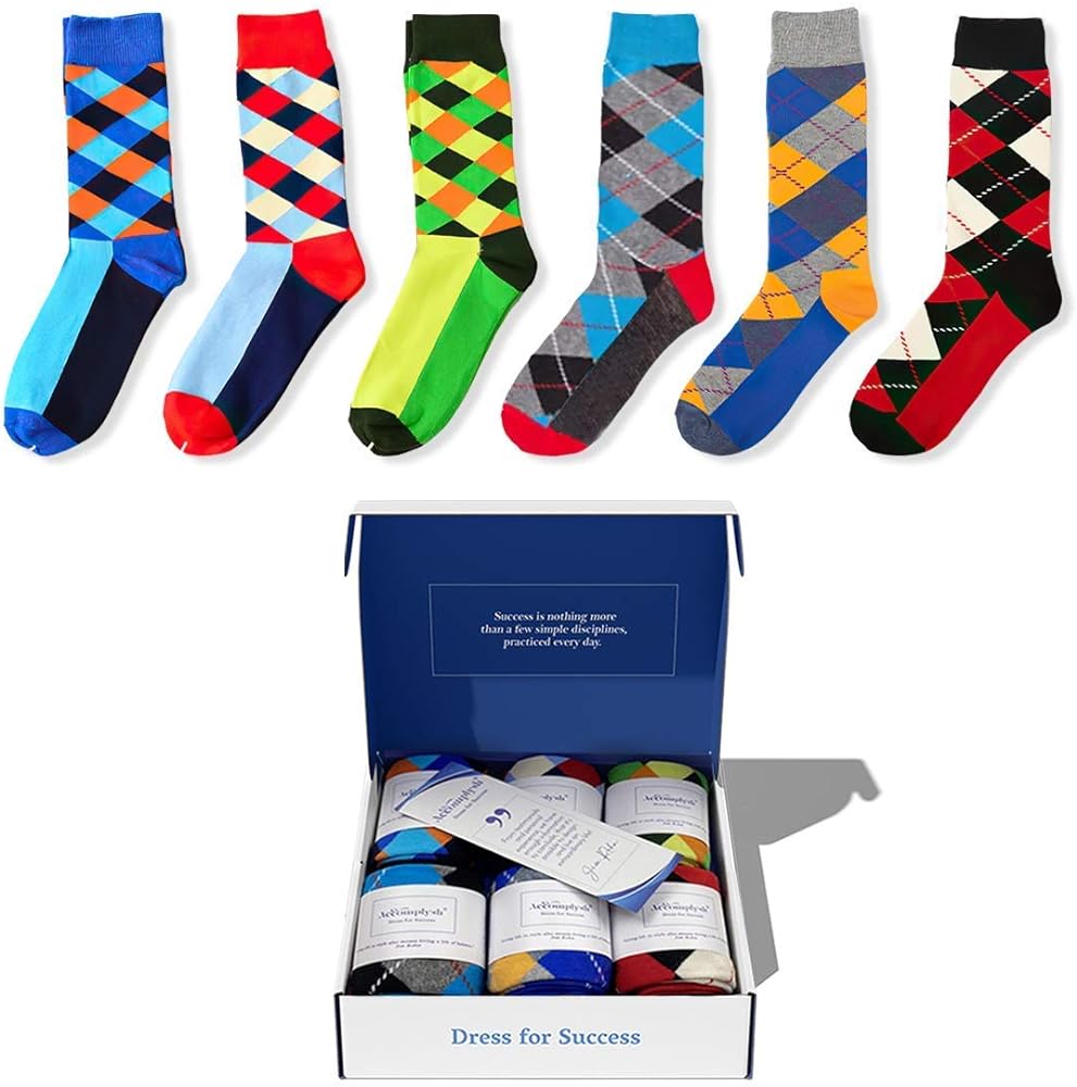 Men's Dress Socks, Combed Cotton, Colorful, Patterned, 6 Pack