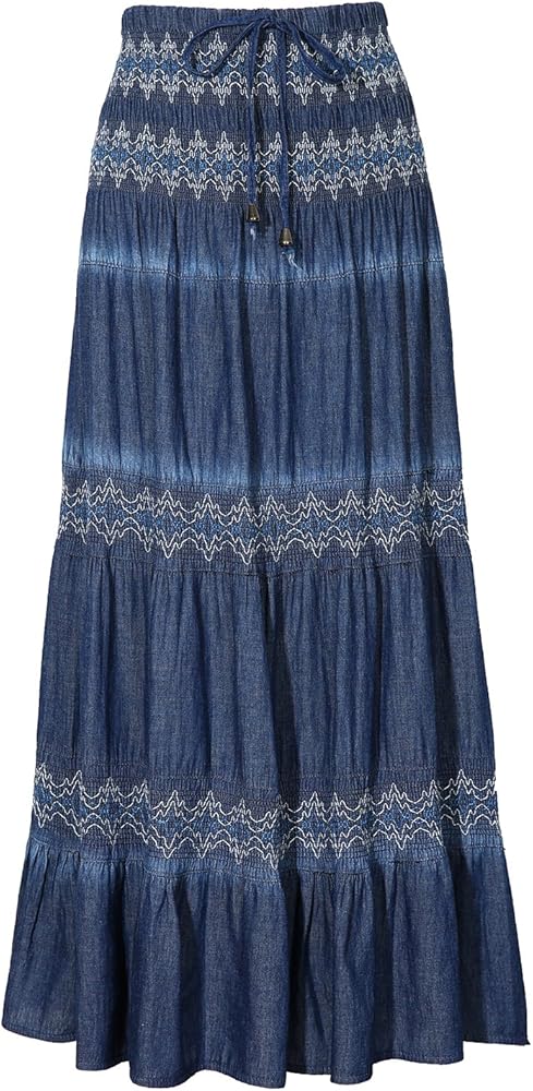 DREFBUFY Maxi Skirt Womens High Waist Pleated Tiered Long Skirts Denim Casual Style Midi Dress for Women