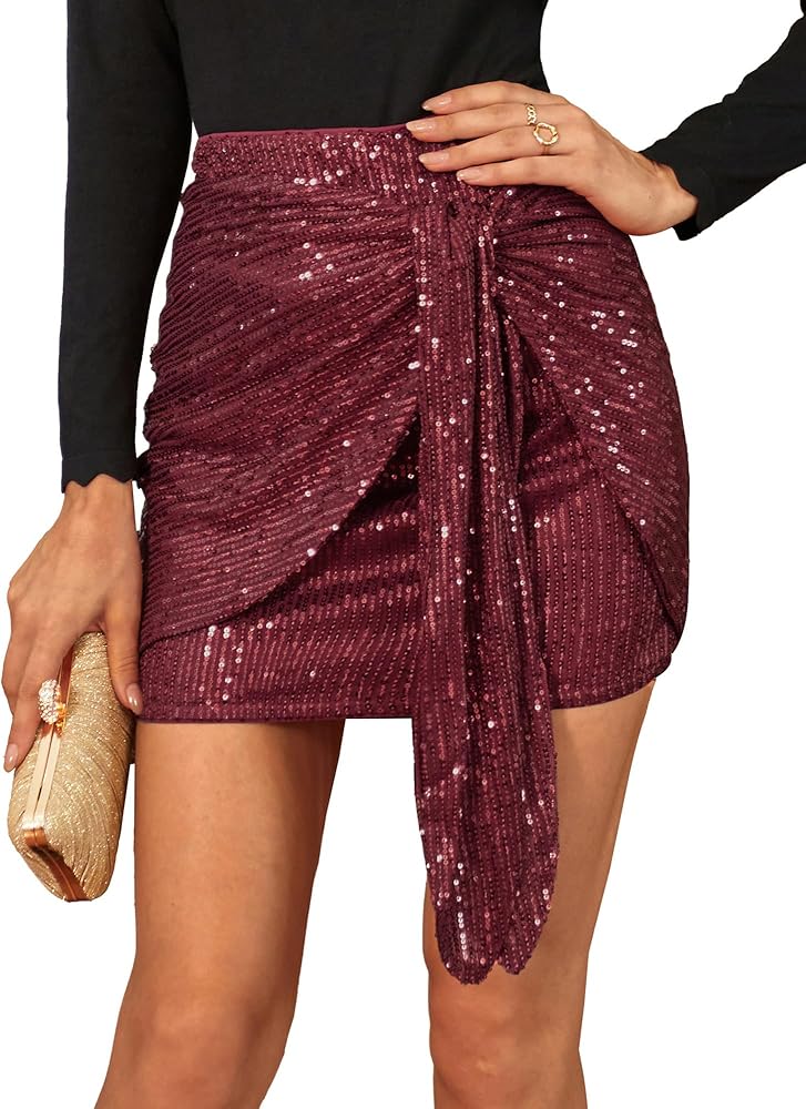 GRACE KARIN Women's Sequin Skirt 2024 Sparkly Glitter Bodycon Mini Skirts with Belt Club Night Out Party