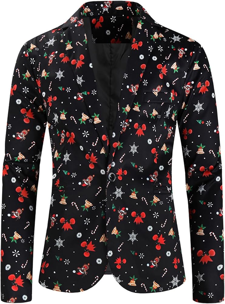 Christmas Blazer for Mens,Ugly Xmas Santa Claus Snowflake Print Tuxedo Suit Jacket One Button Lapel Party Blazers