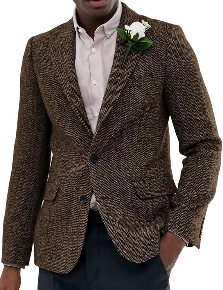 Wangyue Mens Tweed Herringbone Suits 3 Piece Suits Formal Regular Fit Wedding Groom Suits