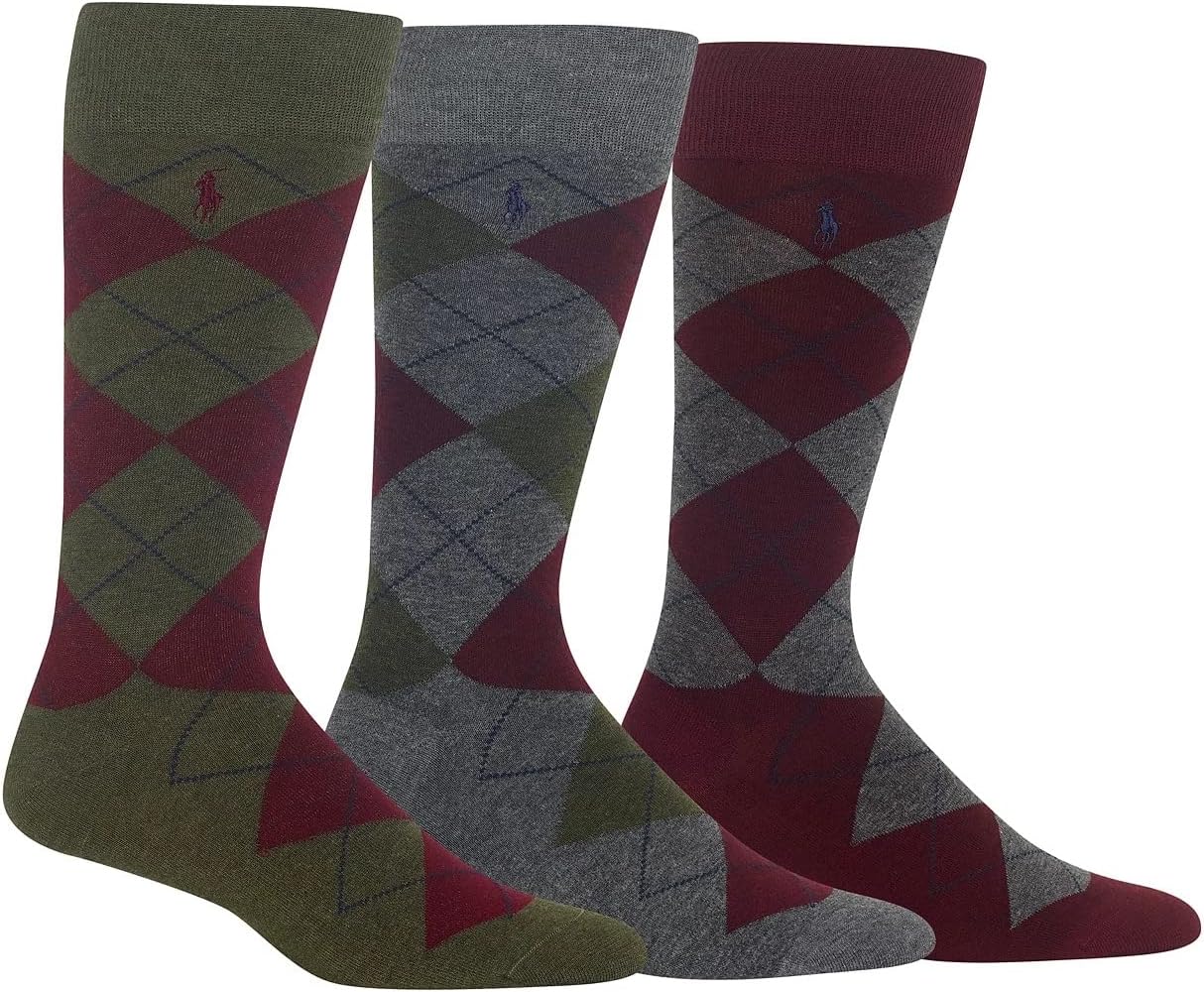 Ralph Lauren Men Dress Argyle Crew 3 Pack Socks Custom Fit Size 10-13 Olive/maroon