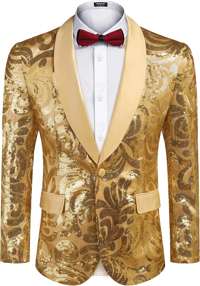 COOFANDY Men's Shiny Sequins Blazer Floral Suit Jacket Stylish Tuxedo for Party, Wedding, Banquet, Prom
