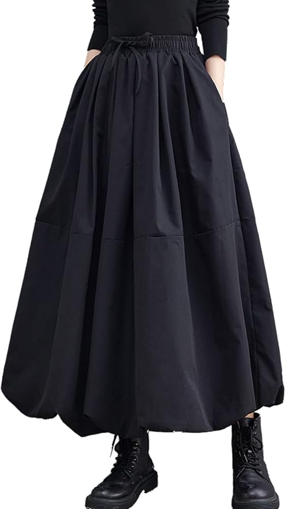 Femiserah Women's Black Elastic Waist A Line Long Bubble Skirt Pompom Skirt Lantern Skirt