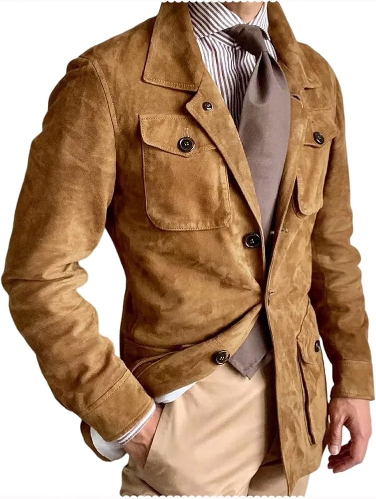 Mens Suede Leather Blazer 3 Button Sport Coats Slim Fit Suit Jacket for Wedding Prom