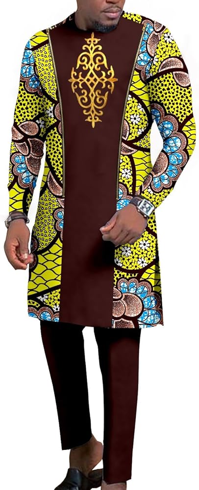 African Traditional Clothing for Men Embroidery Dashiki Print Zip Blazer and Trousers 2 Piece Suit