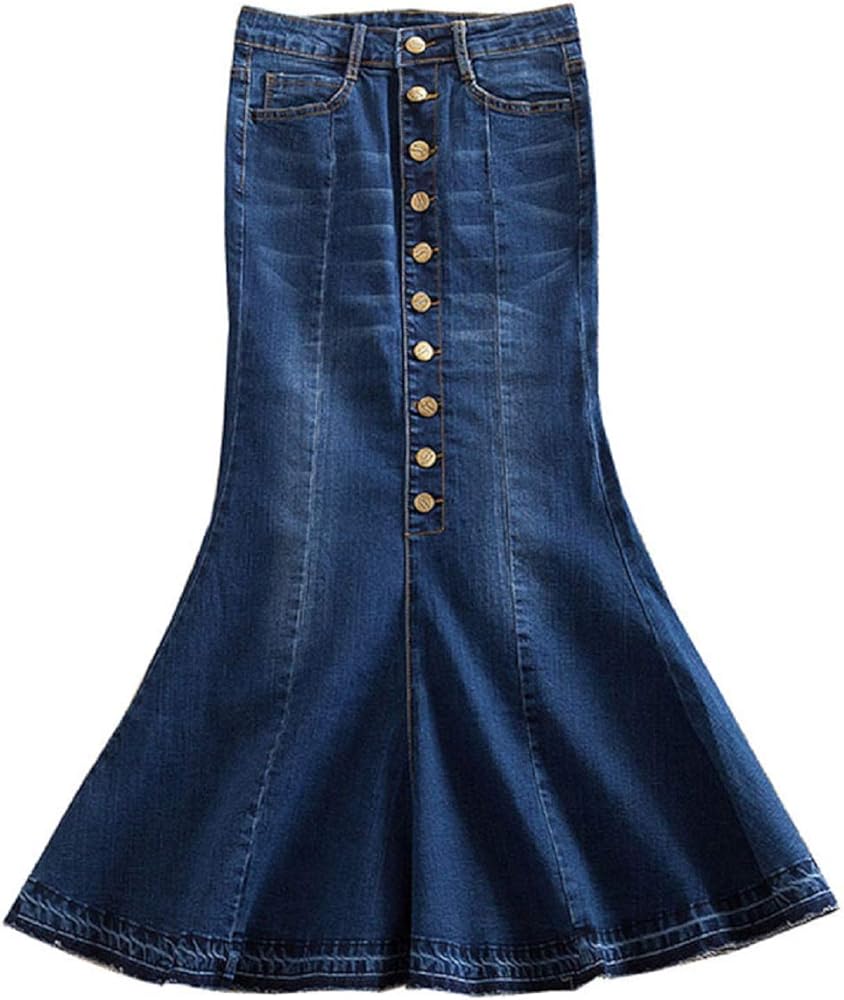 CHARTOU Women's Elegant Exposed Button-Fly Flared Mermaid Long Denim Skirt