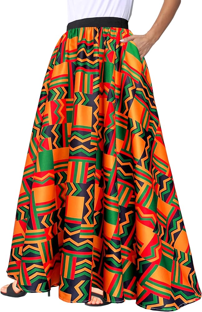 Afibi Women African Skirt Printed Ankara Maxi Skirt Dashiki Long Skirts with Pockets