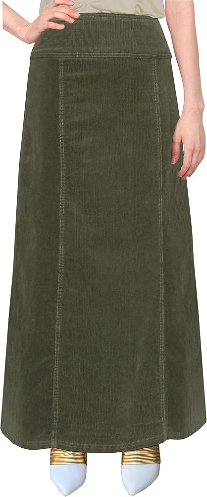 BABY O Women's Long Ankle Length Maxi Stretch Corduroy A-Line Panel Skirt