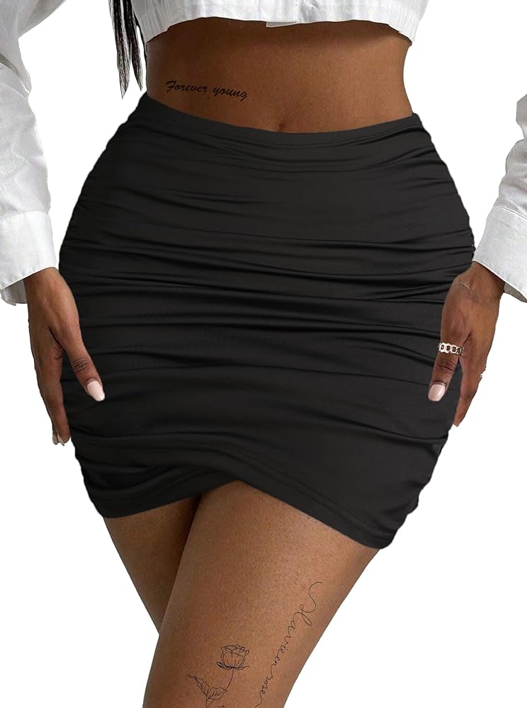 Avanova Women Ruched Asymmetrical Mini Short Skirts High Waisted Bodycon Skirts