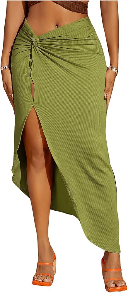 Women's Twist Front Split Thigh Long Skirt Low Waist Asymmetrical Bodycon Maxi Skirts