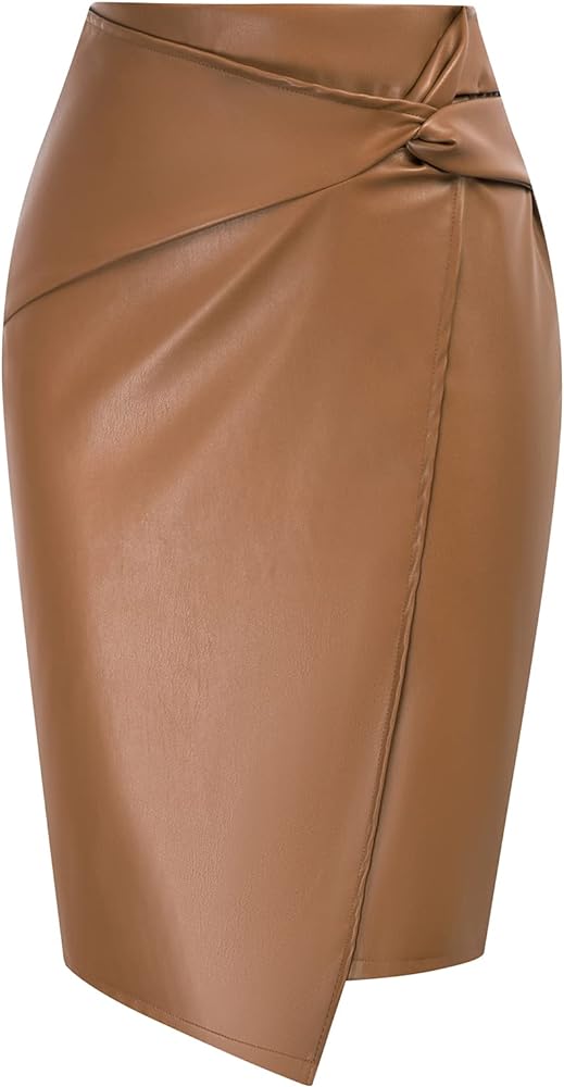 Kate Kasin Women's Faux Leather High Waist Wrap Knit Bodycon Midi Skirt for Business Casual Pencil Skirt
