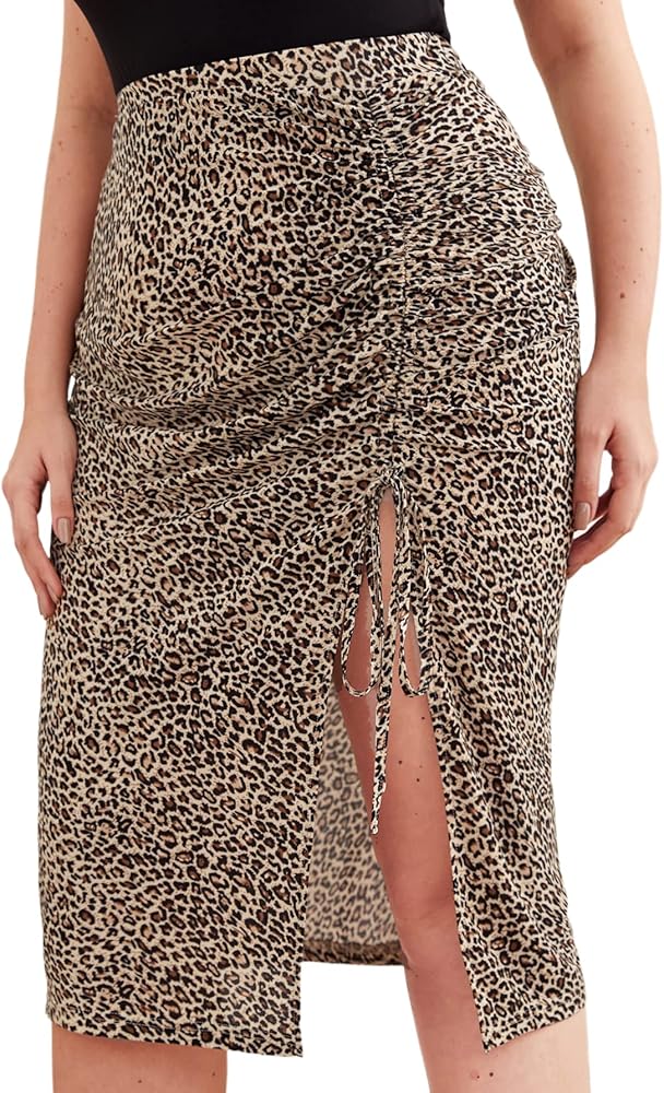 Floerns Women's Plus Size Leopard Drawstring Ruched Split Thigh Midi Skirt