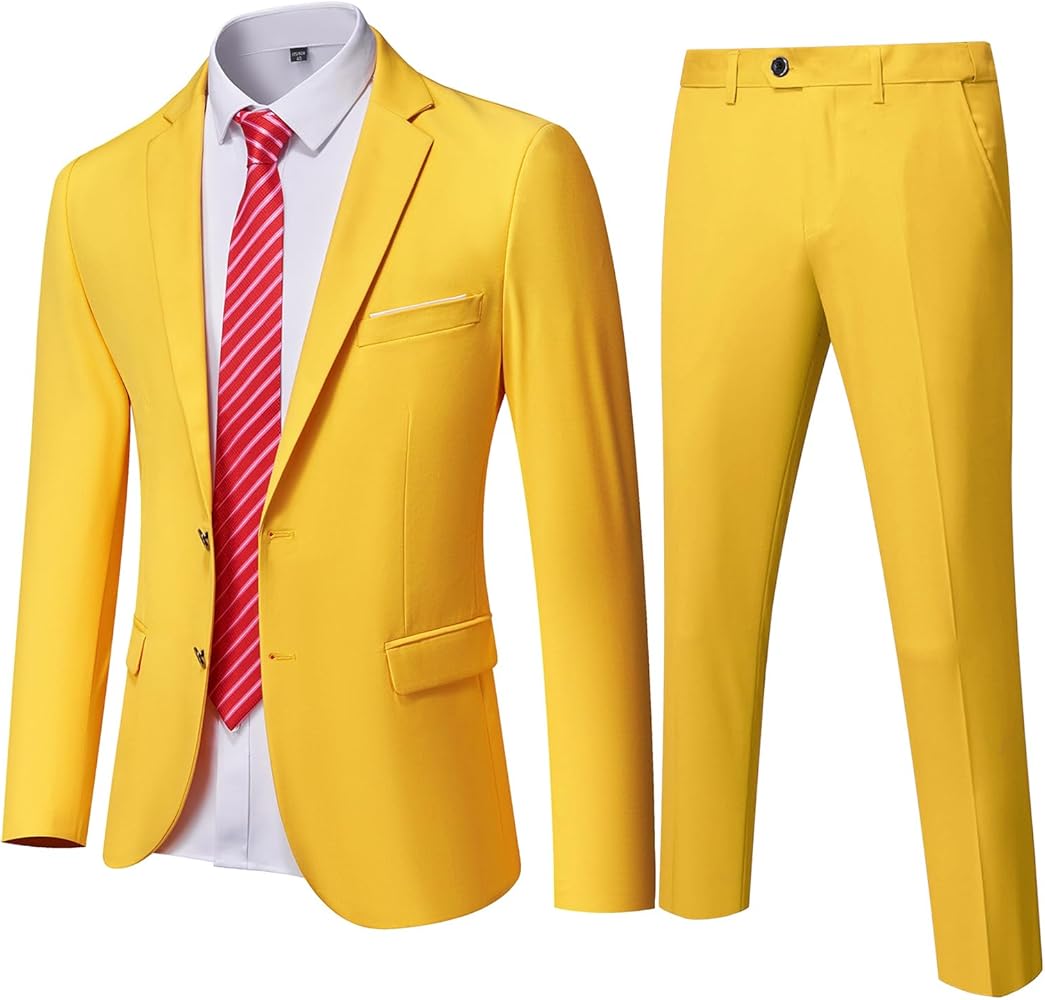 MY'S Men's Slim Fit 2 Piece Two Button Suit, Notch Lapel Jacket Pants Set with Tie, Solid Party Wedding Dress Blazer