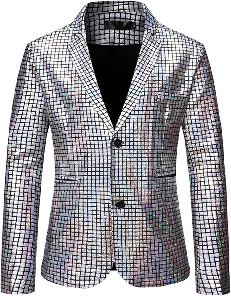 Men's Plaid Shiny Metallic Jacket Two Button Regular Fit Blazer Sport Coats Wedding Banquet Prom Suit Jacket