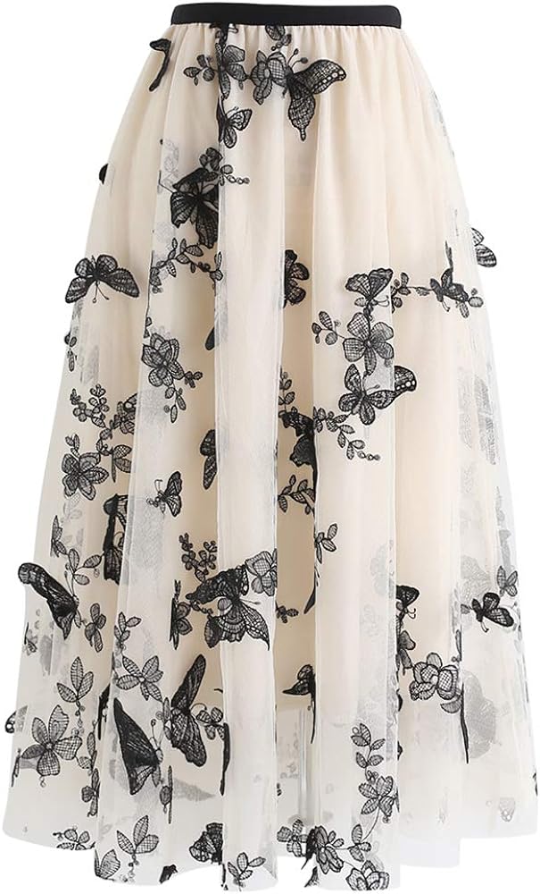 CHICWISH Women's 3D Butterfly Double-Layered Mesh Midi Skirt