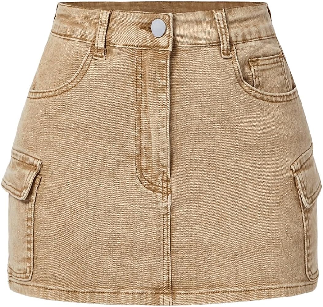 MakeMeChic Women's Casual Bodycon Washed Denim Skirt Button Front Zip Fly Mini Skirts with Flap Pocket