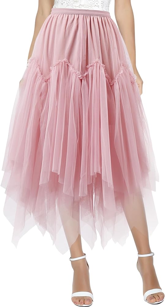 Women's Tulle Skirt High Low Asymmetrical Midi Length Tulle Skirt Elastic Waist Double Layered Tulle Maxi Skirt