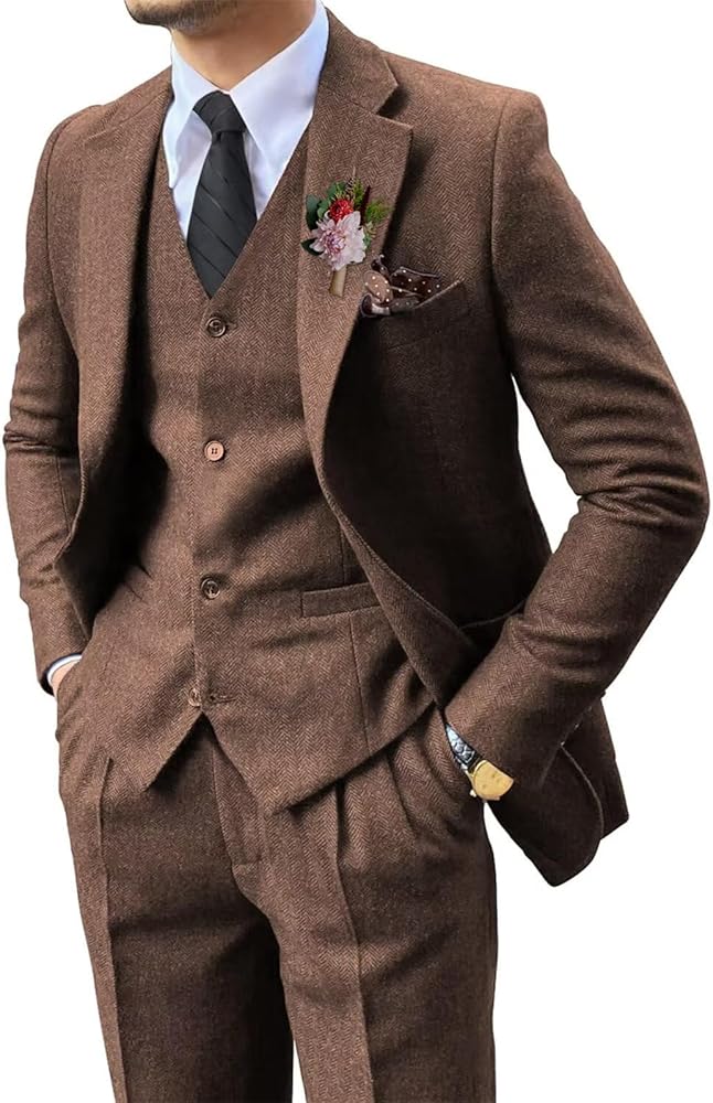 Mens 3 Piece Retro Tweed Herringbone Suits Formal Regular Fit Autumn Winter Blazer Vest Pants for Wedding Grooms Prom