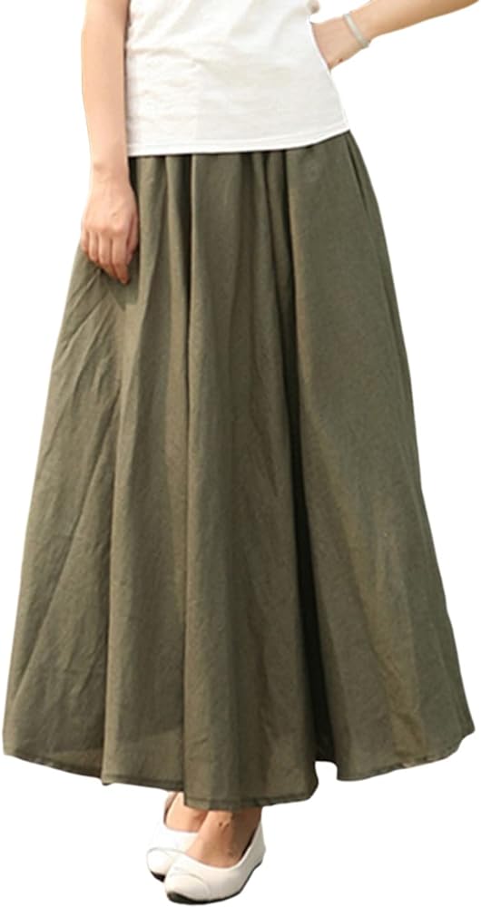 Women Cotton/Linen Skirt Summer Quality Elastic Waist Long Maxi Retro Vogue Casual Bottom with Pockets