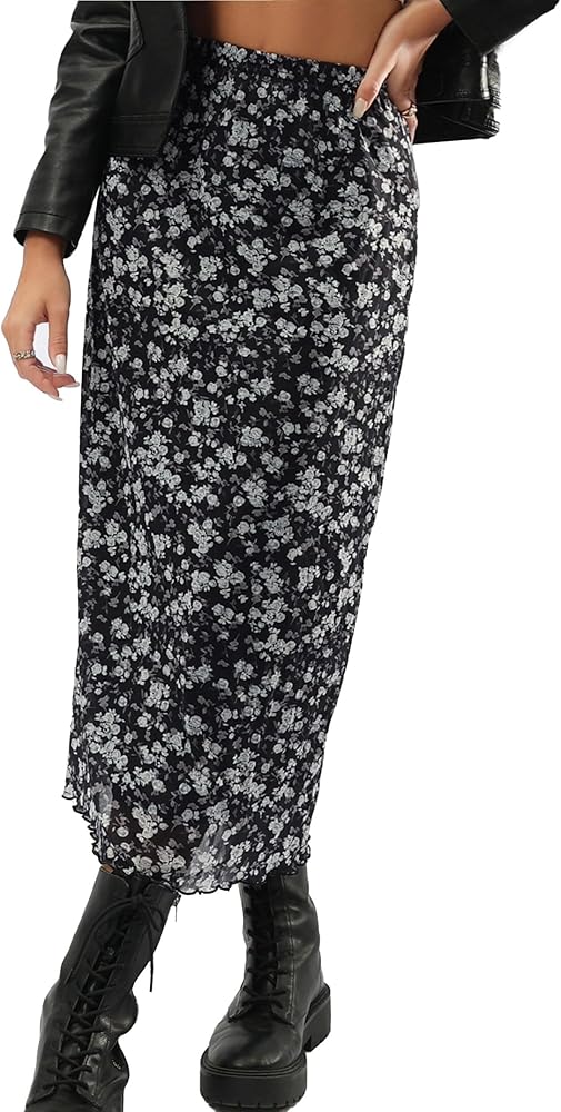 Avanova Women Floral Boho Mesh Midi Skirt High Waist Lettuce Trim Long Straight Skirt Black LX16 Small