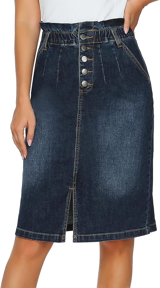 Womens Vintage Stretch Denim Skirt Jean Button Flare Skirt with Pocket…