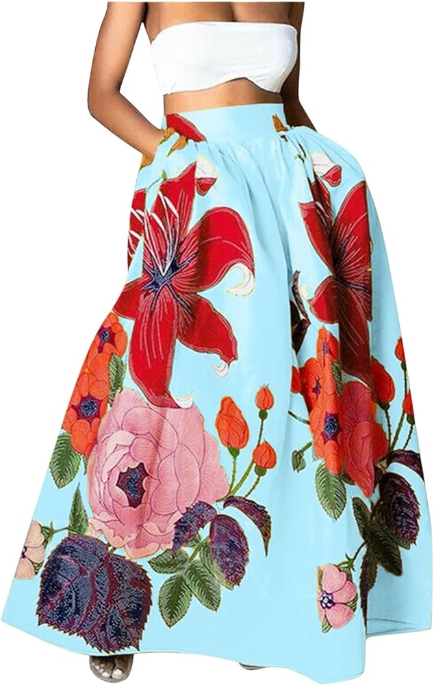 Miyaomn Women's Boho Floral Printed Maxi Skirt Summer Beach High Waisted Mopping Floor Length A Line Long Skirts with Pockets