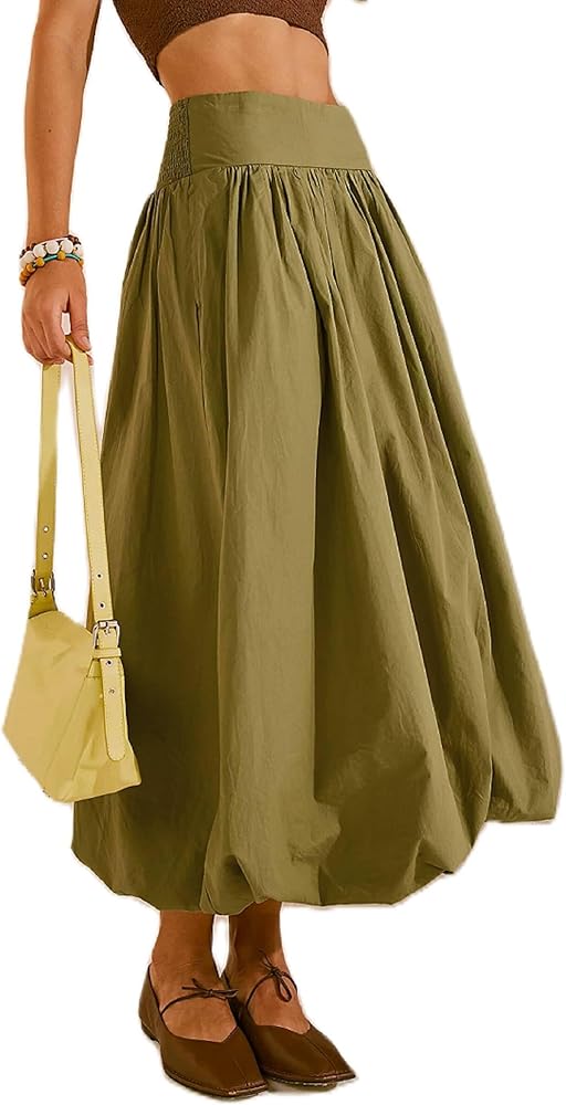 Women Casual Bubble Maxi Skirt Y2K High Elastic Waist A Line Pleated Long Skirt Plead Ruffle Midi Skirt