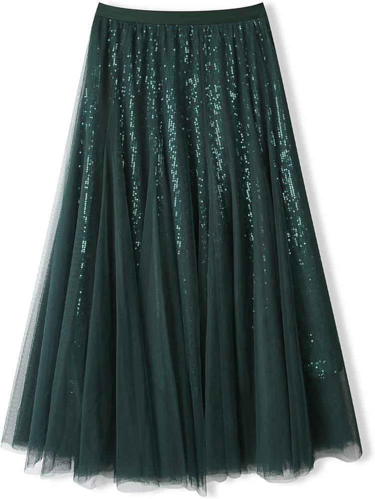 Sequin Long Tulle Skirt Layered Flowy Fairy Sparkle Party Mesh Tea Length Big Hem Skirts for Women