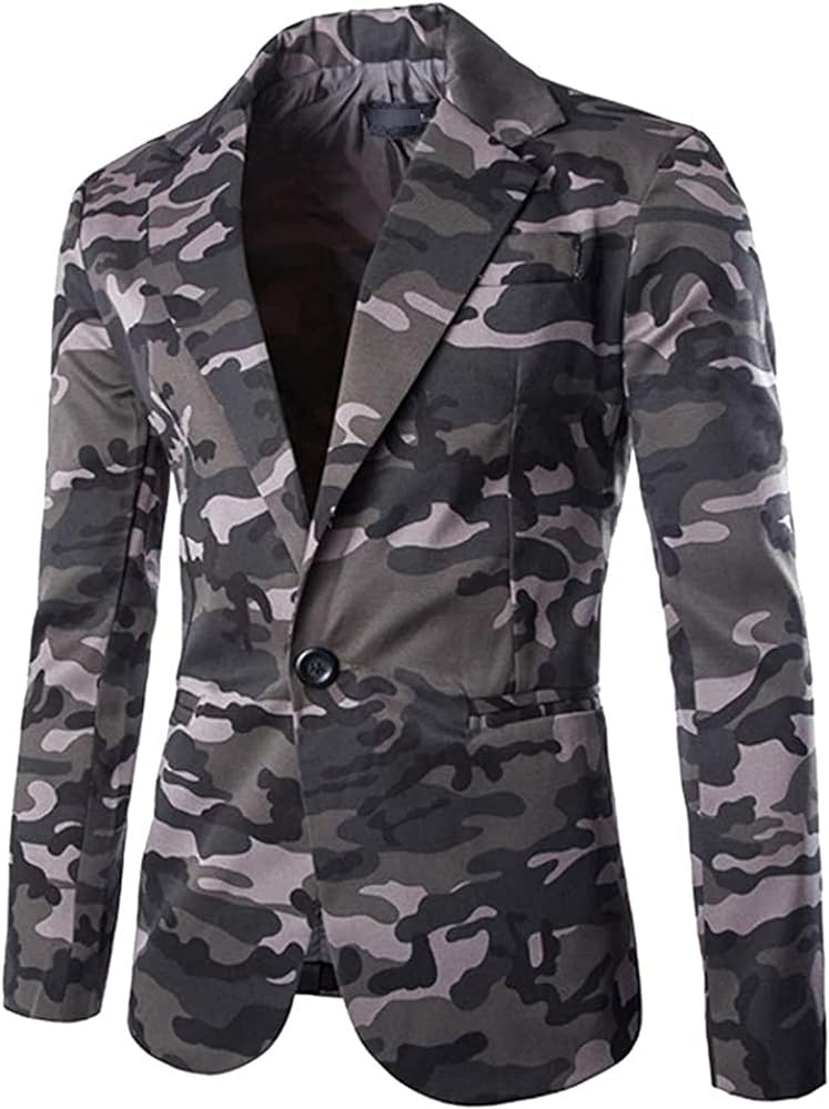 Mens Casual 1 Button Sport Coat Classic Fit Camouflage Business Suit Blazer Daily Slim Fit Lightweight Jackets (Grey,XX-Large)