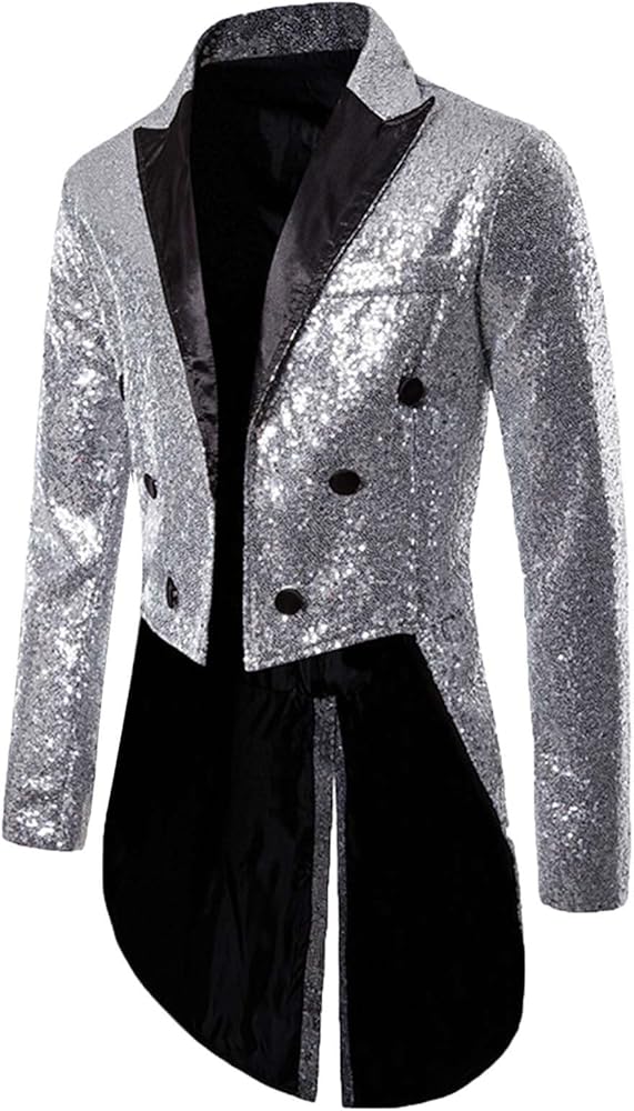 Mens Sequin Tuxedo Jacket Sparkly Tails Slim Fit Tailcoat Dress Coat Swallowtail Dinner Party Wedding Blazer Suit Jacket