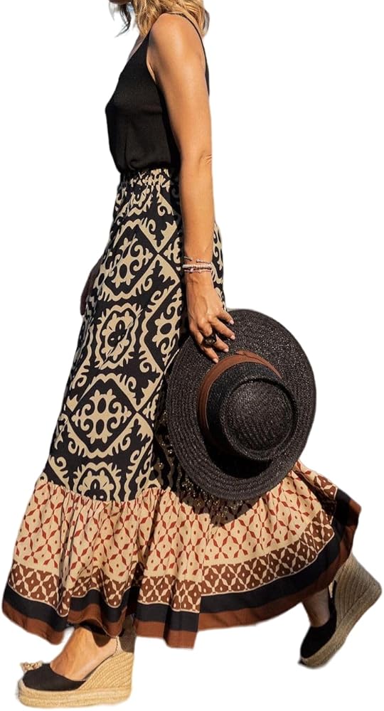 Women's Boho Vintage Floral Print Maxi Skirt Elastic High Waist Pleated Flowy A Line Long Skirts