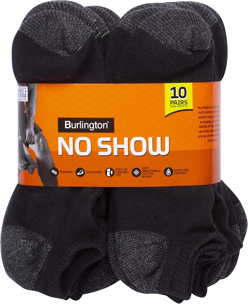 Burlington Comfort Power Men's No Show Sock, 10 Pair Pack
