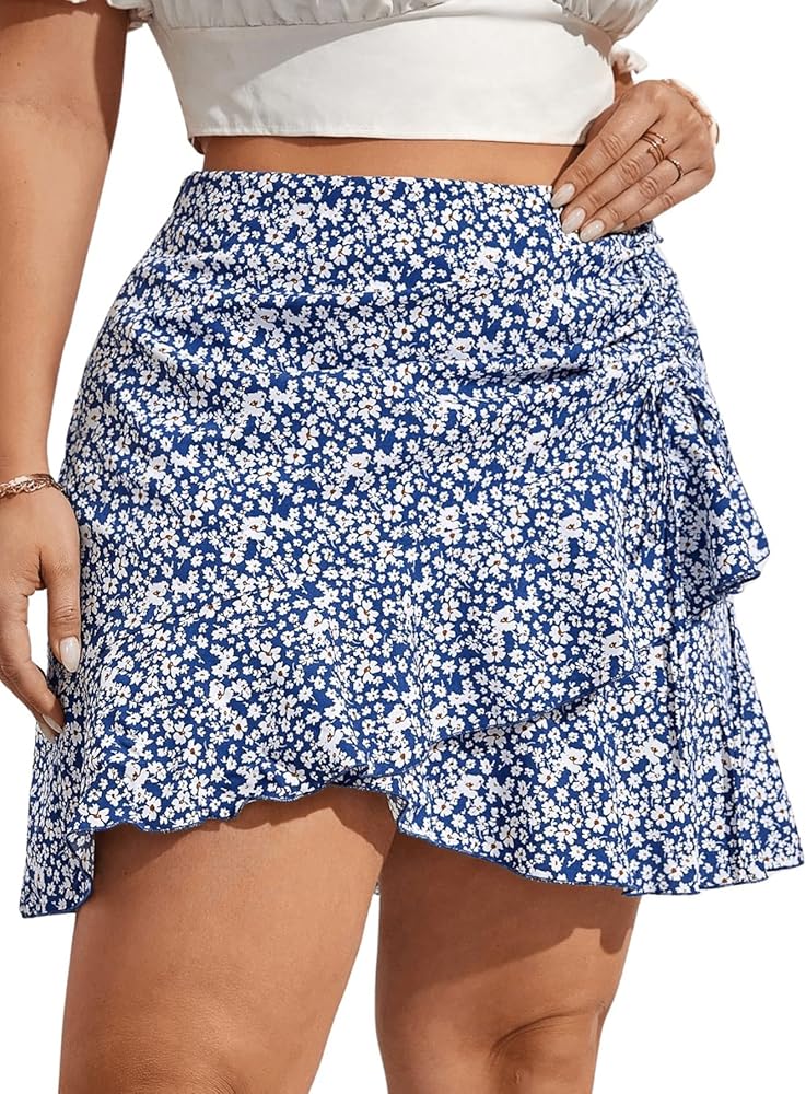 MakeMeChic Women's Plus Size Ditsy Floral Wrap Mini Skirt Ruched Ruffle Asymmetrical Hem Drawstring Short Skirts