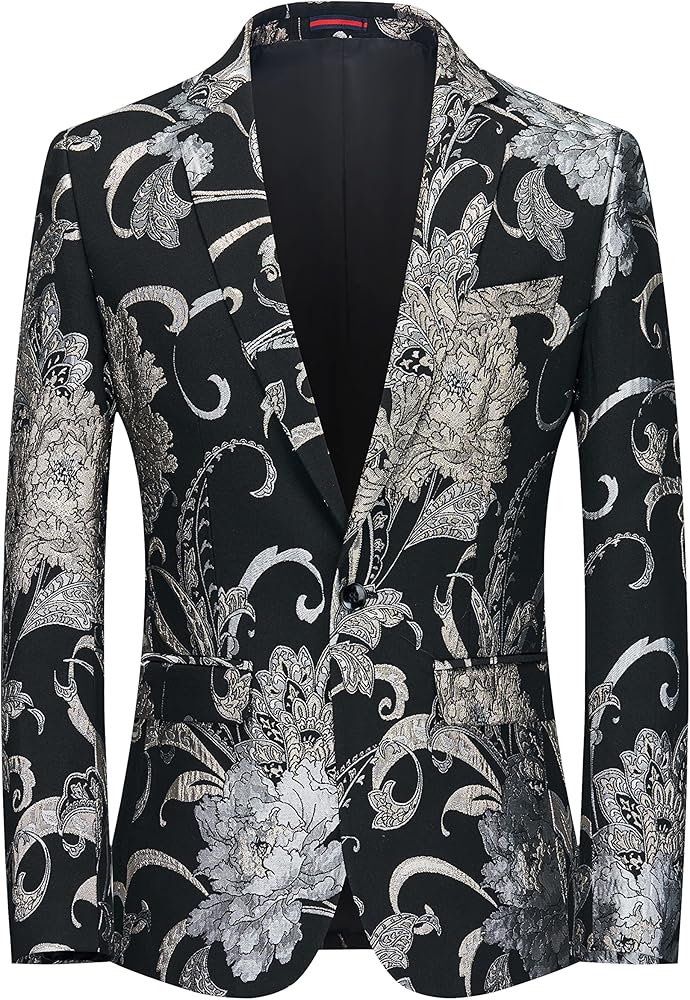 MOGU Mens Slim Fit Blazer Elegant Jacquard Tuxedo Jacket for Daily Prom Party